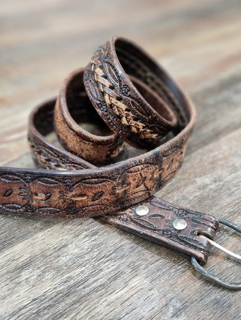 Vintage Distressed Tooled Leather Cowboy Belt Braided Inlay Size 42